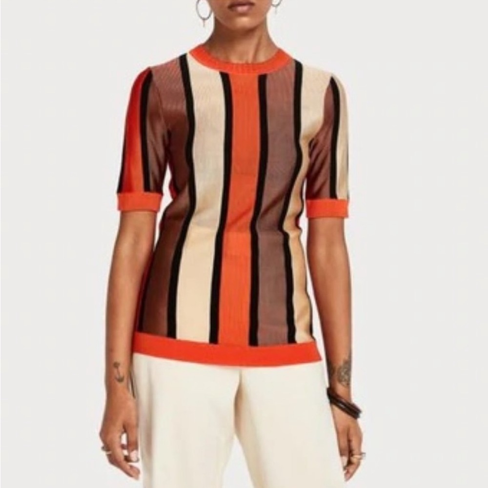 Scotch & Soda Orange Knit Striped Top